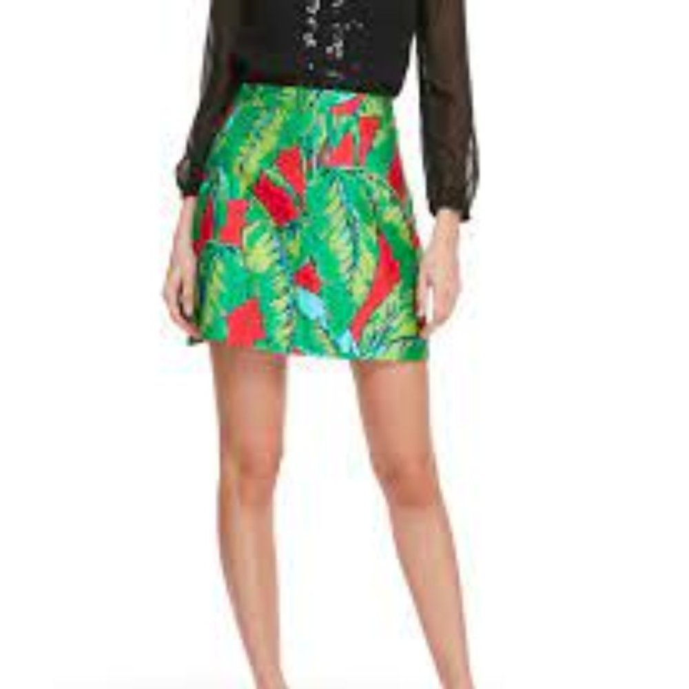 Vineyard Vines Green Red Tropical Palm Leaf Silk Cotton Mini Skirt Sz 16